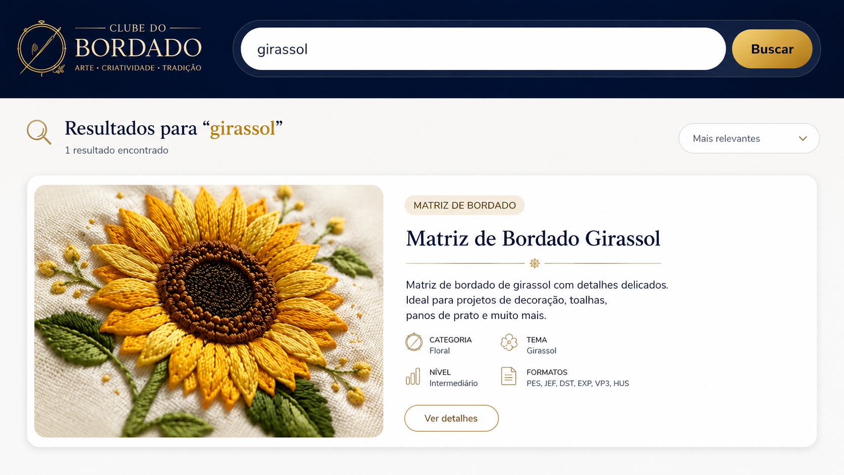 Exemplo da busca por girassol mostrando uma matriz de bordado de girassol