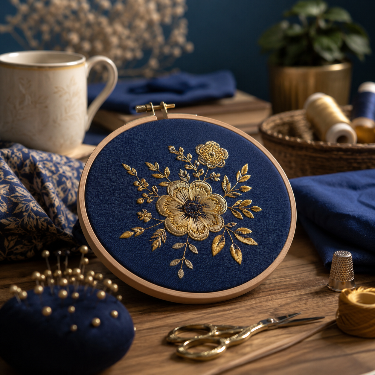 Bastidor bordado em azul e dourado representando o blog com dicas