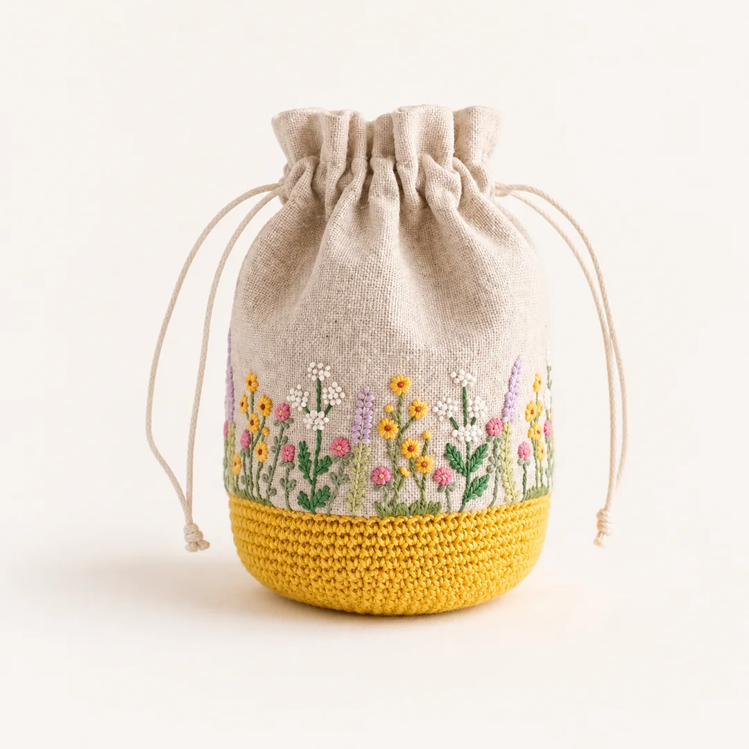 Bolsa de tecido com bordado floral e base amarela em crochê
